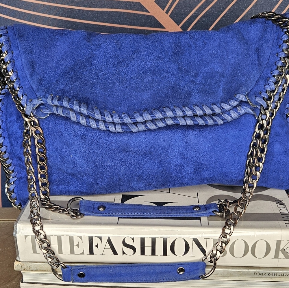 STEVE MADDEN BLUE SUEDE SHOULDER BAG WITH MULTI CHAIN HANDLES